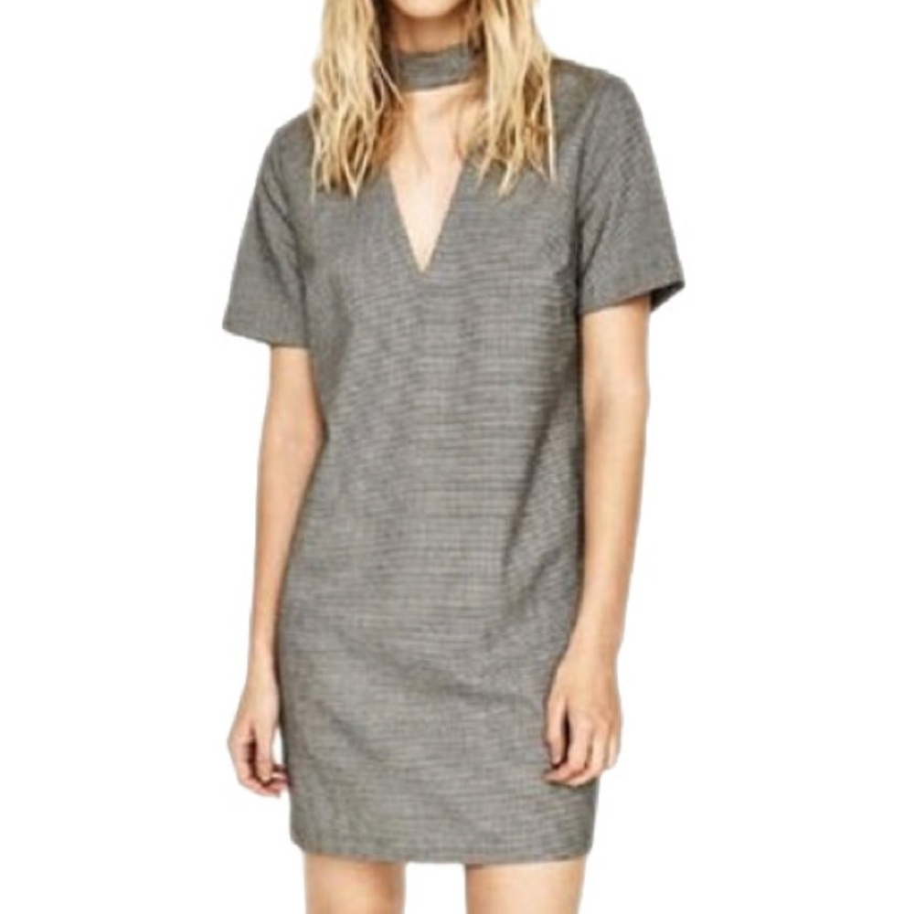 Zara Houndstooth Choker Pleated Short Sleeve Above The Knee Dress Womens Size XS